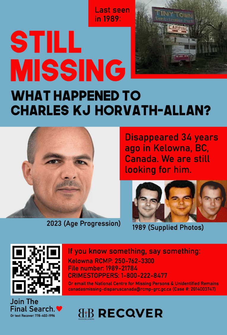 Missing Person poster for young Charles KJ Horvath Allan who vanished in Kelowna in 1989.