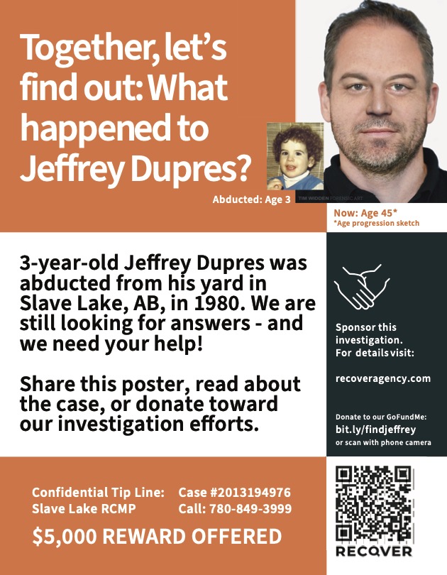 Missing Person poster for toddler Jeffrey Dupres of Slave Lake, Alberta